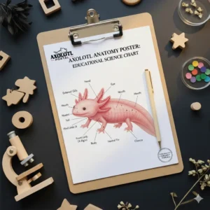 Axolotl anatomy poster showing labeled body parts and internal organs for educational use
