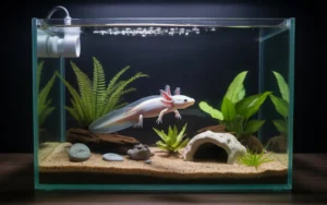 Axolotl tank setup showing proper water, substrate, and decorations for healthy axolotls